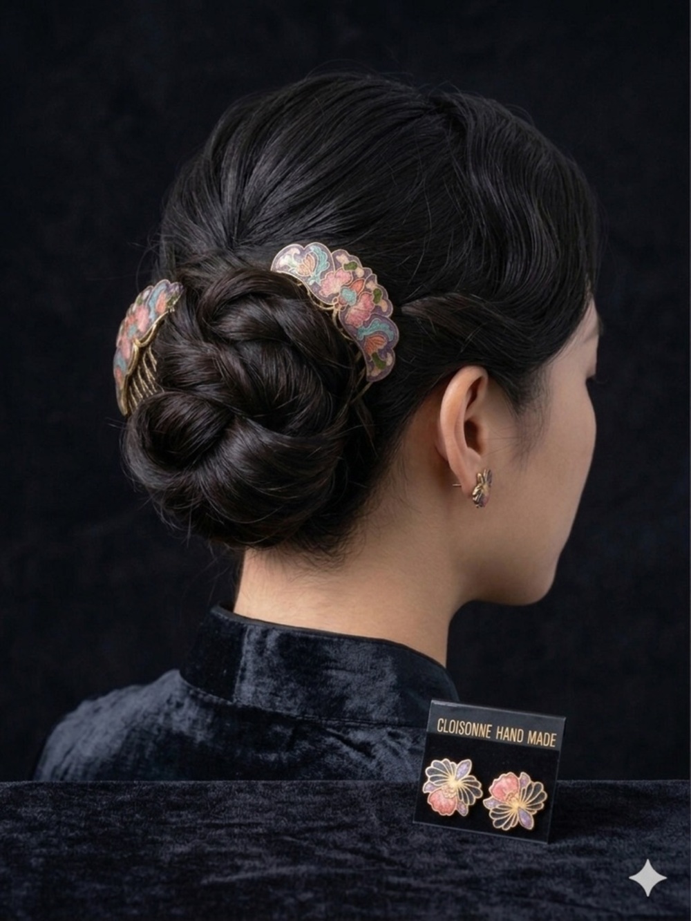 Cloisonné Floral Vintage Gold Hair Comb - and Earrings Decorative Set - Picture 5 of 6